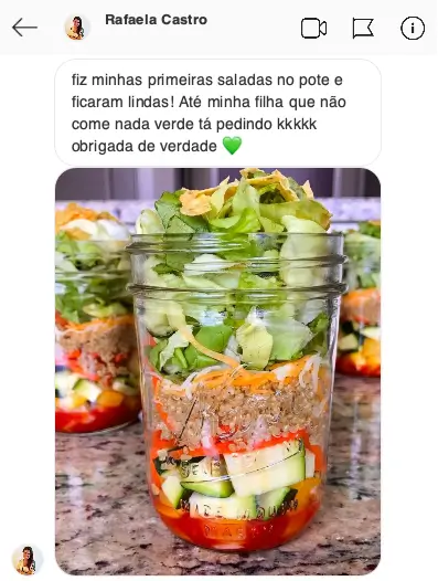 Mensagem de cliente sobre as receitas